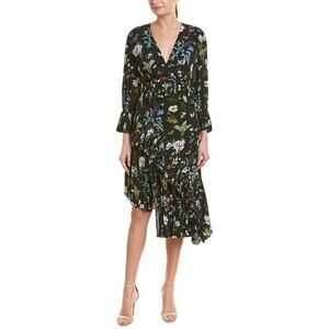 JOIE Analena Butterfly Floral Print Asymmetrical Ruffle Pleated Midi Dress Med